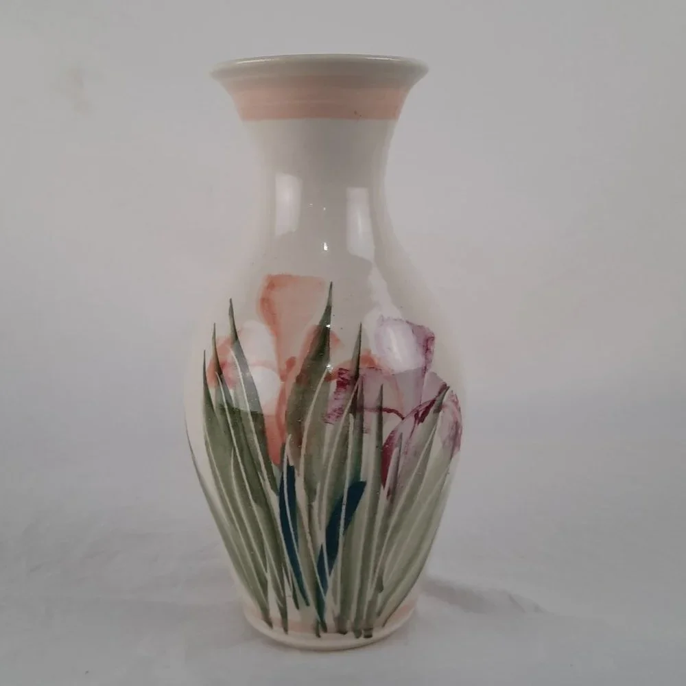 Hand painted Iris on Studio Pottery Vase Signed 9" tall - Picture 1 of 4